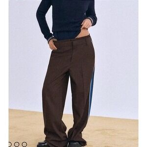 NWT Zara Women's Wide Leg Boxer Pinstripe Trouser SZ XS Brown Side Racing Stripe